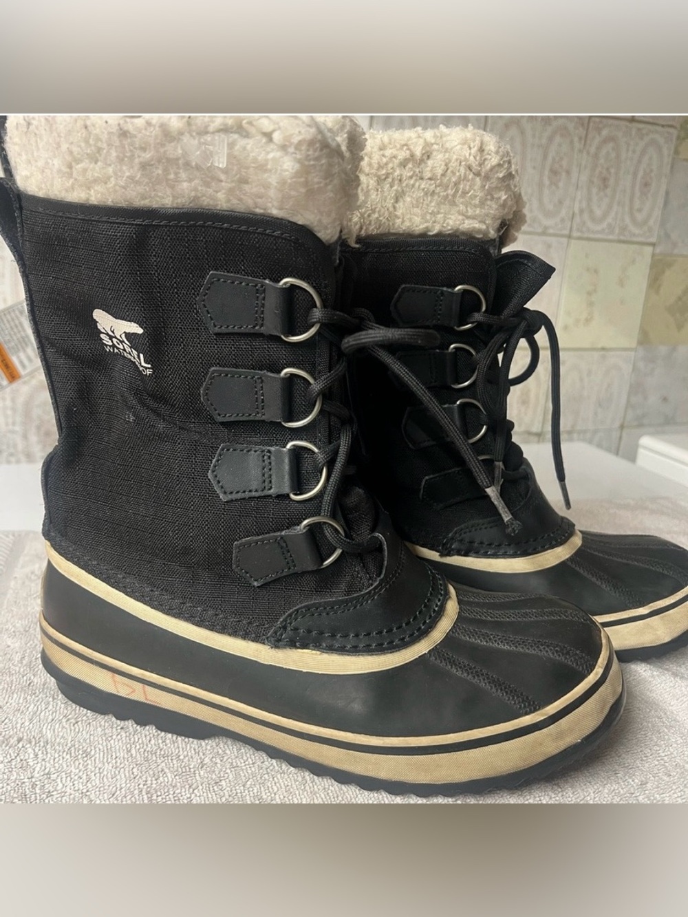 Sorel Black and Cream Women's Waterproof Winter Lace-Up Boots